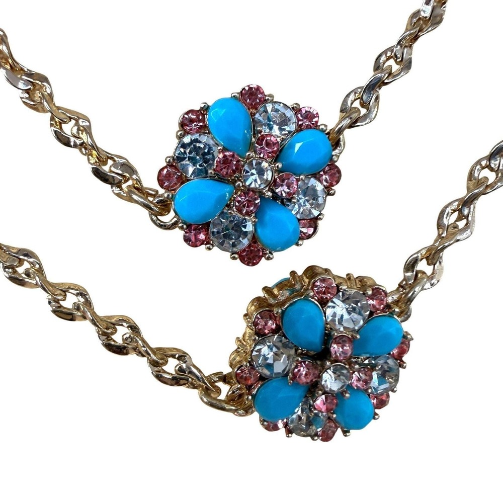 Charter Club Gold Turquoise Pink Crystal Flower Station Necklace Long Layering